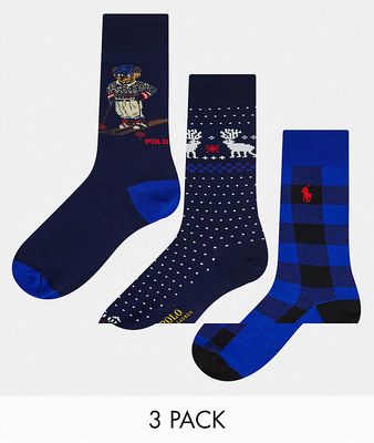 Polo Ralph Lauren 3 pack socks with bear logo in navy