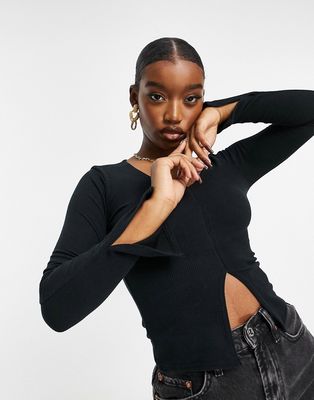 Fashionkilla rib V-neck top in black