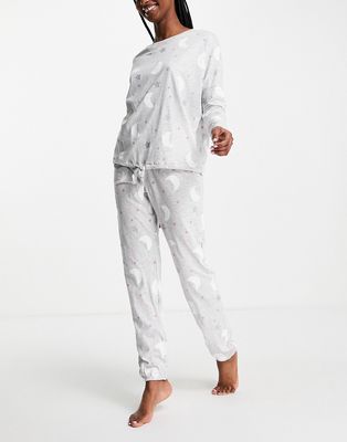 Women'secret celestial print long pajama set in gray heather-Grey