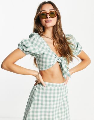 Fashion Union Exclusive crop beach top with balloon sleeves in green gingham - part of a set-Multi