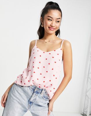 Style Cheat satin cami top in pink and red heart print - part of a set-Multi