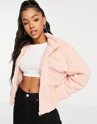 Wednesday's Girl oversized jacket with pocket in teddy fleece-Pink