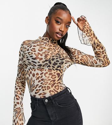 ASYOU mesh top with fluted sleeves in leopard print-Multi