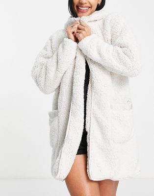 River Island sherpa hooded cozy robe in beige-Neutral