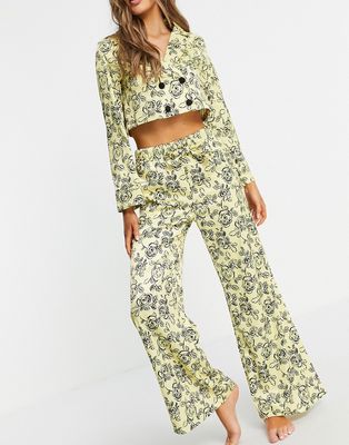 Lost Ink stencil flower oversized pajama blazer and wide leg pants set in yellow
