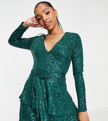 In The Style exclusive sequin plunge front tiered detail mini dress in emerald green