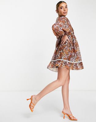 Ever New oversized sleeve smock mini dress in brown floral