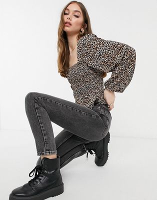 Pull & Bear shirred blouse in leopard print-Brown