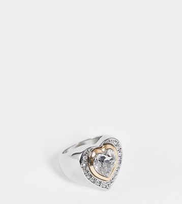 Reclaimed Vintage Inspired chunky heart ring with crystal stones in mixed metal-Silver