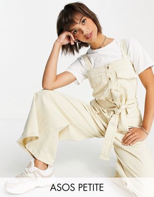 ASOS DESIGN petite contrast stitch button front overalls in stone-Neutral