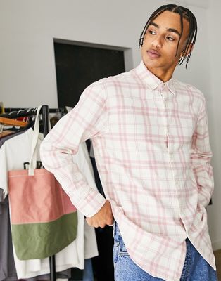 Pull & Bear basic long sleeve check shirt in pink-Black