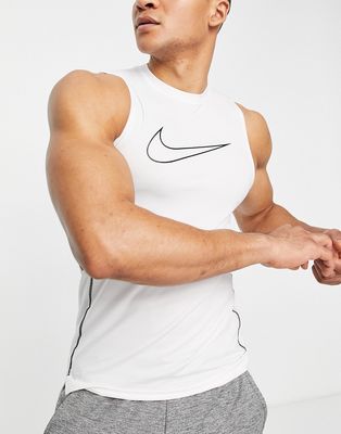 Nike Training Pro swoosh outline graphic slim compression tank in white