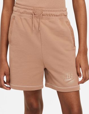 Nike Seasonal Classics washed high waisted shorts in dark sand-Brown