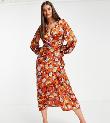 ASOS DESIGN Tall satin wrap maxi dress in 70s floral print-Multi