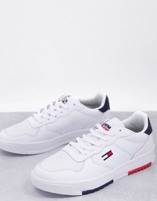 Tommy Jeans leather sneakers with small flag logo in white