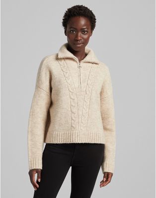 Bershka cable knit detail half zip sweater in beige-Neutral