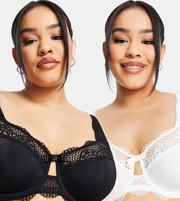 Simply Be 2 pack Lottie lace underwired bra in black and white-Multi