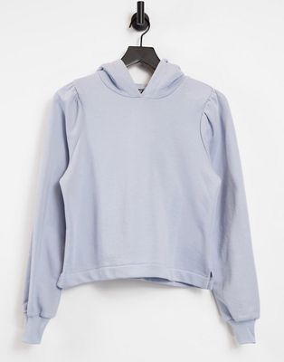 Pieces hoodie with pleated shoulder in pale blue-White