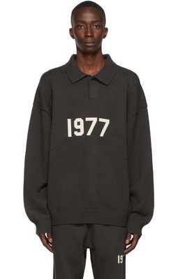 Essentials Black Knit '1977' Long Sleeve Polo