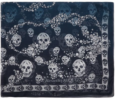 Alexander McQueen Navy & White Silk Biker Skull Silver Lining Scarf