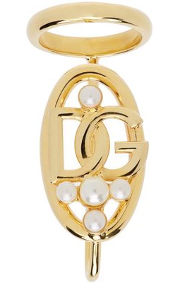 Dolce & Gabbana Gold Faux-Pearl 'DG' Crossed Logo Finger Ring