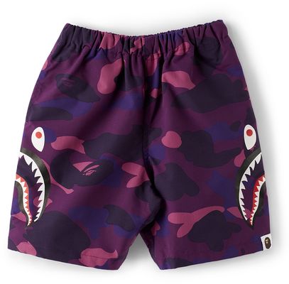 BAPE Kids Purple Camo Side Shark Beach Shorts