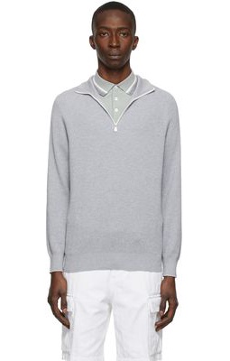 Brunello Cucinelli Grey Cotton Ribbed Sweater