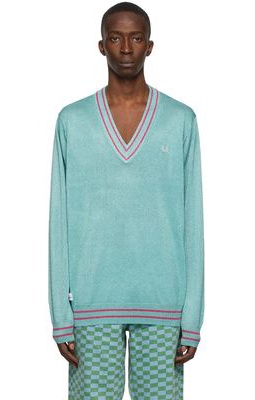 Charles Jeffrey Loverboy Blue Fred Perry Edition Knit Glitter V-Neck Sweater