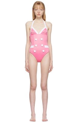 Balmain Pink Barbie Edition Button One-Piece Swimsuit