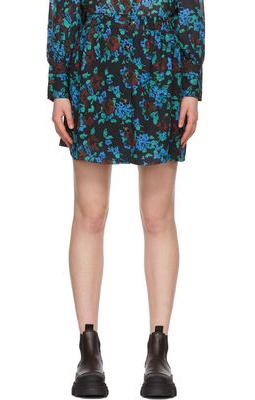 GANNI Black Crepe Floral Miniskirt
