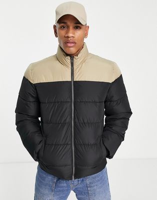Only & Sons color block puffer jacket with stand collar in black and beige-Multi