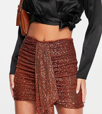 In The Style exclusive sequin wide ruched mini skirt with drape detail in tobacco-Brown