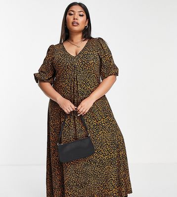 ASOS DESIGN Curve v neck midi smock dress in leopard print-Brown