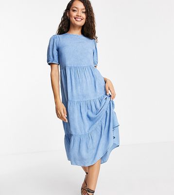 Influence Petite tiered midi dress in chambray-Blues