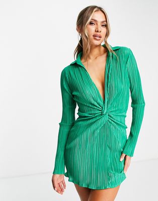 Missyempire exclusive plisse wrap front long sleeve mini dress in green