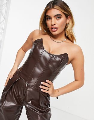 Aria Cove leather look corset top in chocolate - part of a set-Brown