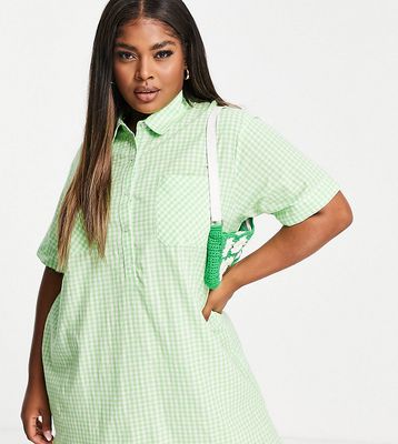 Wednesday's Girl Curve oversized mini shirt dress in pastel gingham-Green