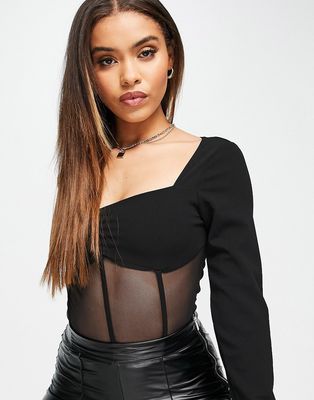 Missguided square neck bodysuit with mesh panel in black