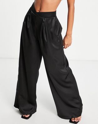 First Distraction The Label high waist satin wide leg pants in black