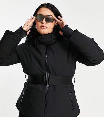 ASOS 4505 Curve ski belted jacket with faux fur hood-Black