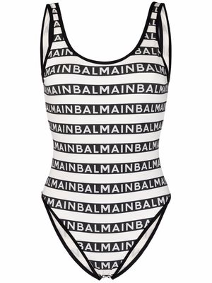 Balmain monogram logo-print swimsuit - White