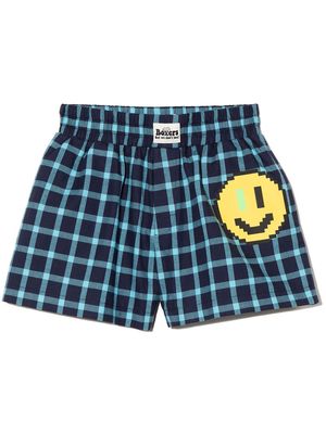 Natasha Zinko Kids Pixel Smiley-print checked boxer shorts - Blue