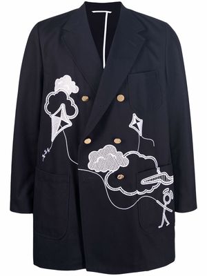 Thom Browne UNCONSTRUCTED SACK SPORT COAT - FIT 2 - W/ HALF DROP SKY ICONS IN BRODERIE ANGLAISE - 415 Navy