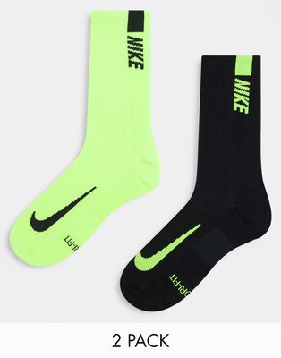Nike Running Multiplier 2-pack crew socks in black and lime