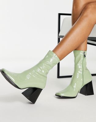 RAID Clever mid heel patent sock boot in sage green