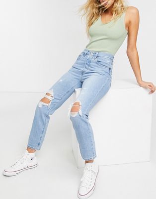 Levi's 501 high rise rip knee straight leg crop jeans with rips in light was blue-Blues