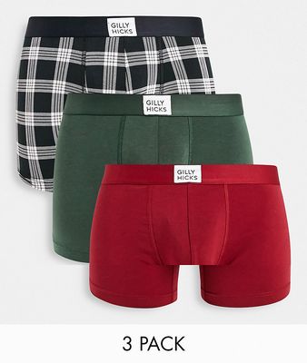 Gilly Hicks 3-pack trunks in green, black check and red with logo waistband-Multi