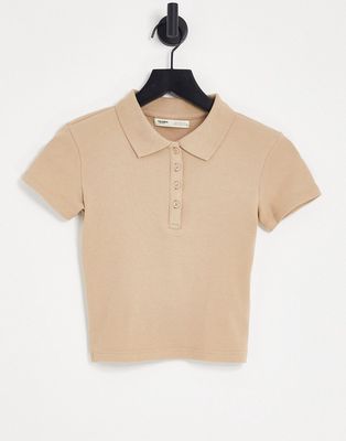 Pull & Bear polo neck detail cropped t-shirt in stone-Neutral