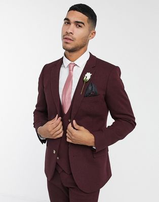 ASOS DESIGN wedding super skinny wool mix suit jacket in burgundy twill-Red