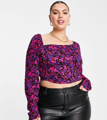 ASOS DESIGN Curve volume shoulder top with ruched front in bright floral - part of a set-Multi